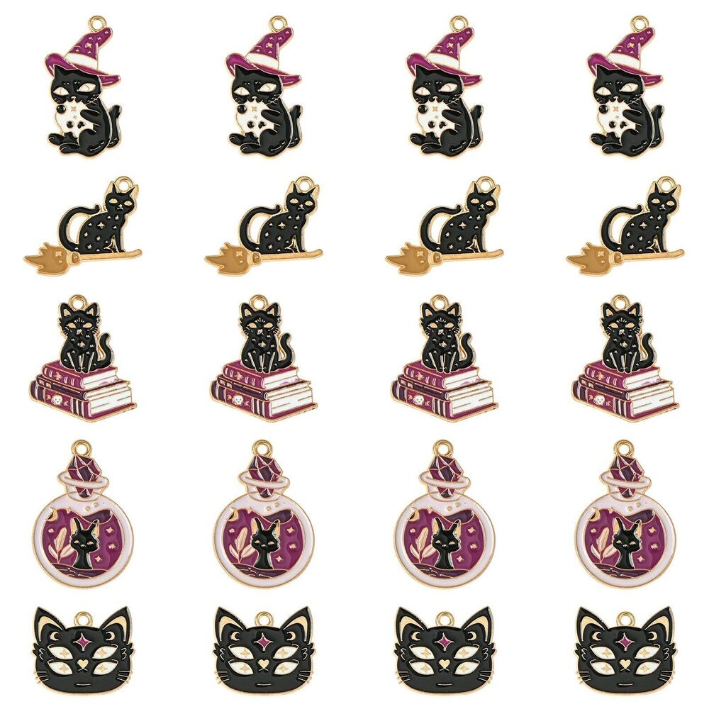 7707 30pcs 5 Styles Magic Cat Enamel Charms Book Kitten Hat Shaped Charms